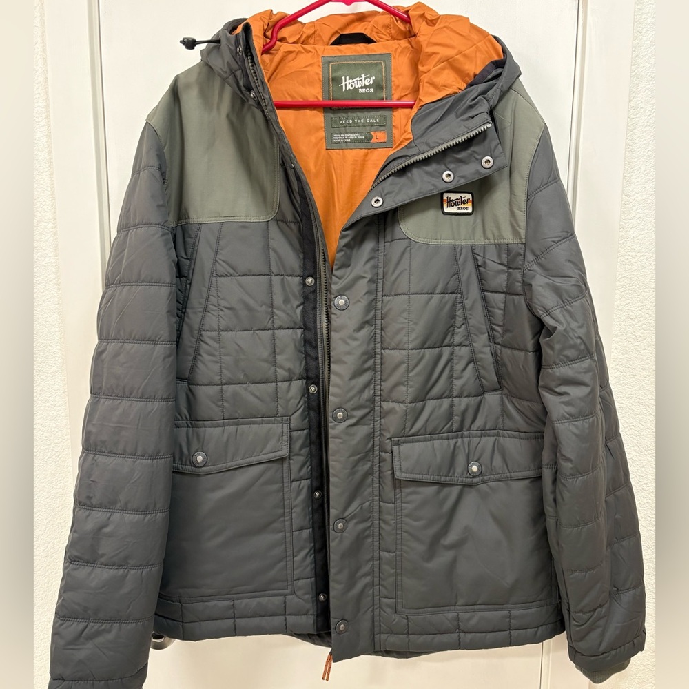 NWOT Men’s Howler Bros Jacket Spellbinder Parka Size L Grey/Orange interior